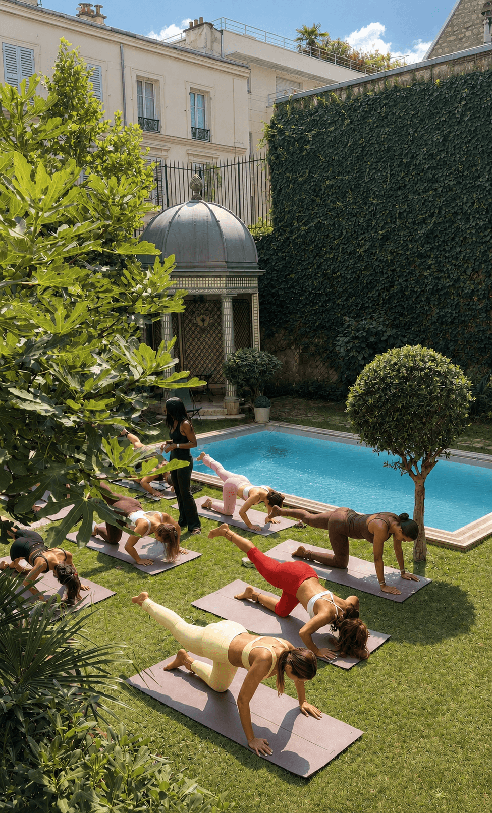 Cours de Pilates en extérieur dans le jardin d'un hôtel particulier parisien